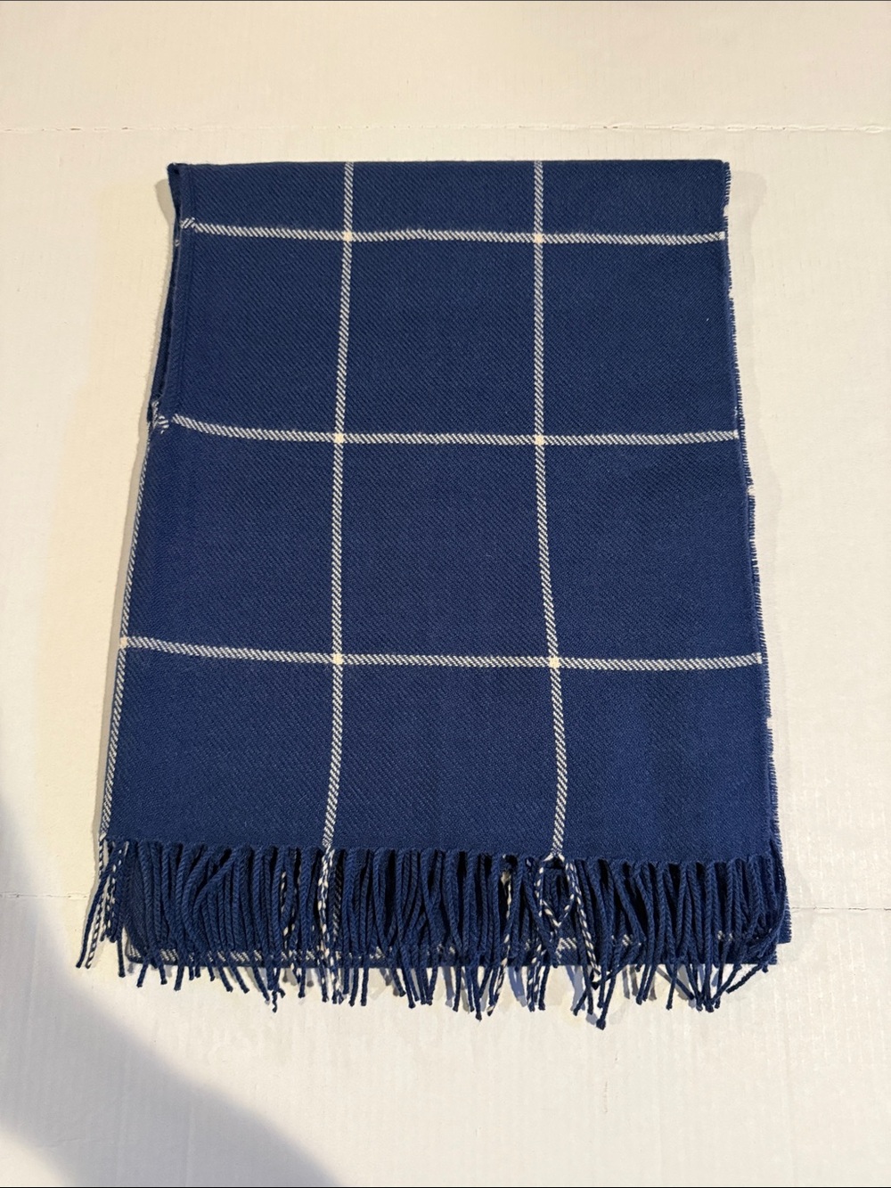 Madewell Navy and White Windowpane Fringe Scarf